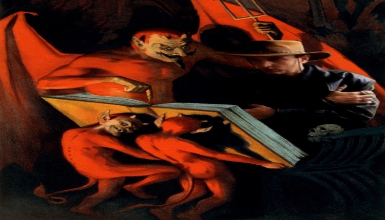 Isle of Wight, Things to do, Ventnor Fringe, Tales in the Key of Terror, Storytelling, image of devils overlooking man reading from large book.