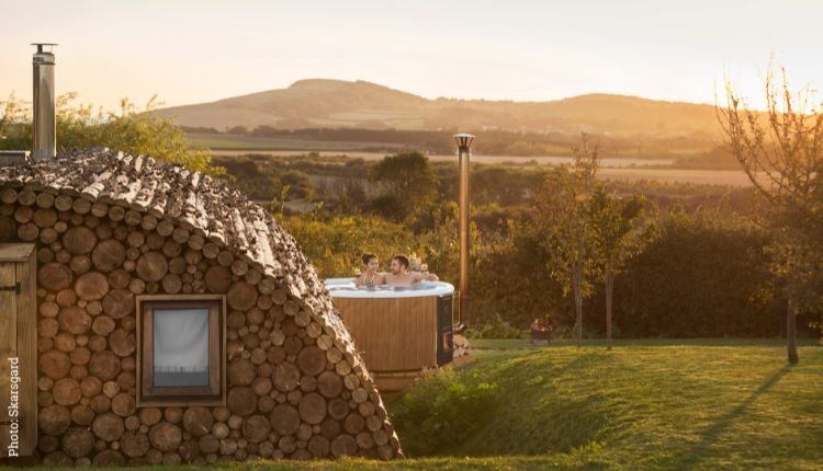 Outside view of Modulog with hot tub at Tapnell Farm, Isle of Wight, glamping, self catering - image credit: Skarsgard