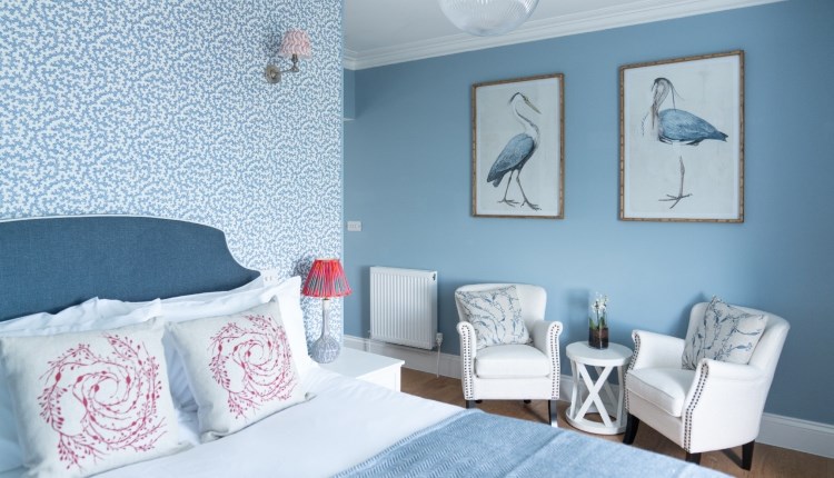 Isle of Wight, Accommodation, The Osborne Guesthouse, Shanklin, Blue Double Room with pictures of Cranes (Birds) on wall above seating area