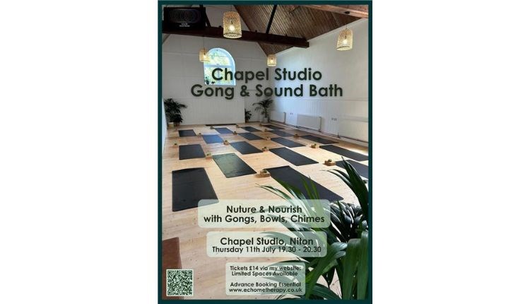 Chapel Studio Gong & Sound Bath poster, sound therapy, Niton, Isle of Wight, what's on - photo credit: @ems_yoga_iow