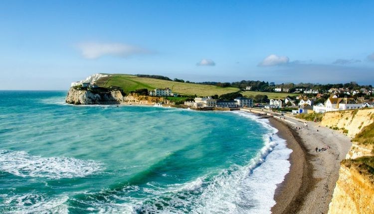 View of Freshwater Bay and Freshwater Bay House in the background, walking holiday, Isle of Wight