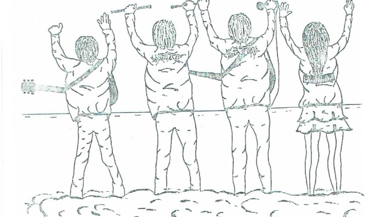 Isle of Wight, Things to do, live music, concert, sketch drawing of 4 band members with backs to us in a row.
