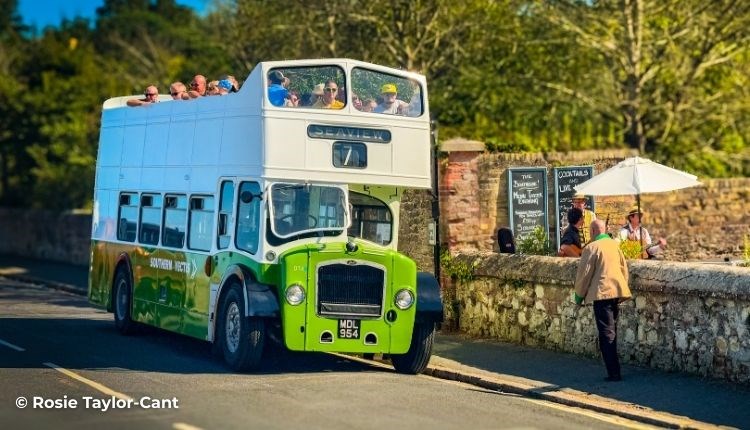 Vintage bus driving along with passengers, Wightrider, Isle of Wight Bus & Coach Museum, Ryde, classic buses, what's on, event - image credit: Rosie T