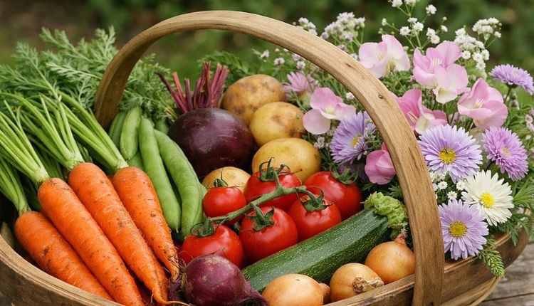 Basket of vegetables and flowers, Chillerton Flower Show, what's on, event, village show, Isle of Wight