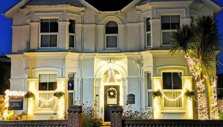 Outside view of Fernhurst Holiday Apartments with Christmas lights, self catering, Shanklin, Isle of Wight