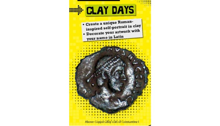 Clay activity poster at Newport Roman Villa, museum, February half term, children's activity, family fun, Newport, Isle of Wight
