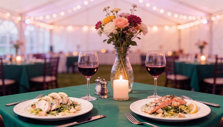 visit isle of wight, things to do, fine dining plates with red wine in a marquee