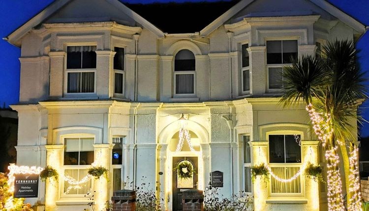 Christmas decorations and lights outside of Fernhurst Holiday Apartments, self catering, Shanklin, Isle of Wight
