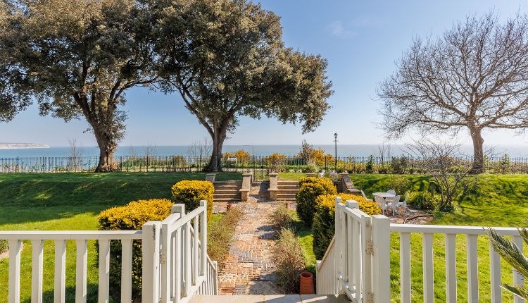 View of garden with sea view at Old Vicarage Garden Apartment, self catering, Shanklin, Isle of Wight