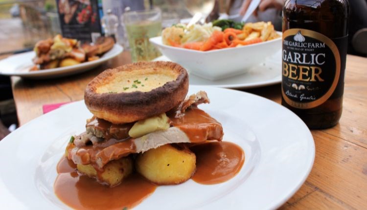 Roast and a bottle of garlic beer at The Garlic Farm Restaurant, food and drink, local produce