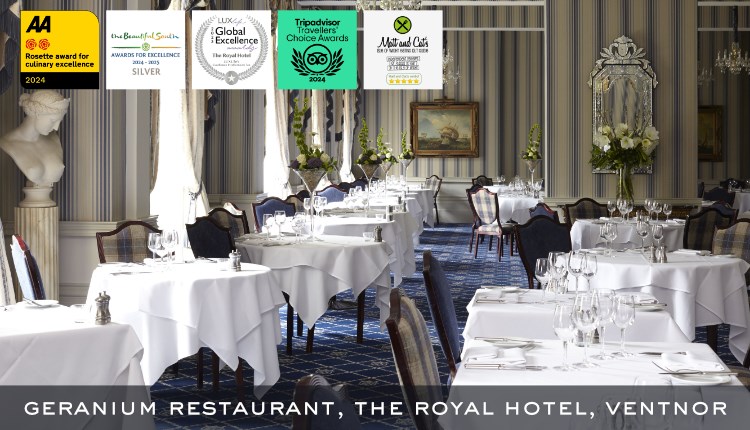 Inside dining room at The Royal Restaurant, Ventnor,  Isle of Wight, award-winning, local produce, quality cuisine