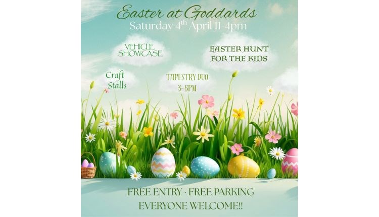 Easter at Goddards poster, Easter event, family fun, live music, children's activities, vehicle display, Easter hunt, Isle of Wight
