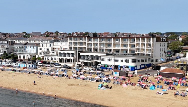 Aerial view of Sandringham Hotel from the sea, Sandown, Isle of Wight, accommodation, coastal hotel, sea view rooms, family friendly hotel