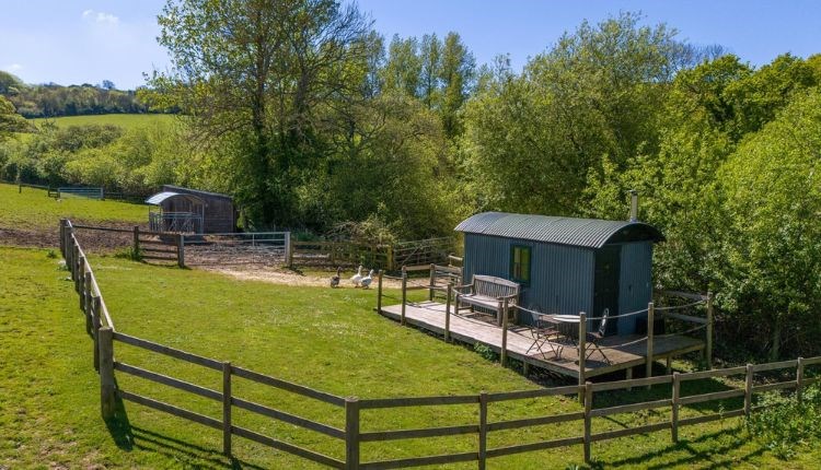 Aerial view of The Hut within the countryside, Godshill Park Farm, Isle of Wight, Self Catering