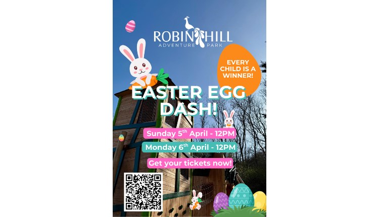 Easter Egg Dash poster, Robin Hill Adventure Park Easter egg hunt, family fun, children's activities, Isle of Wight, Things to do, Ev
