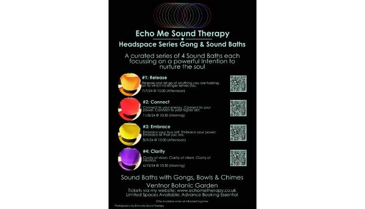 Headspace Series Gong & Sound Bath poster, sound therapy event at Ventnor Botanic Garden, Isle of Wight, what's on - photo credit: Echo Me Sound Thera