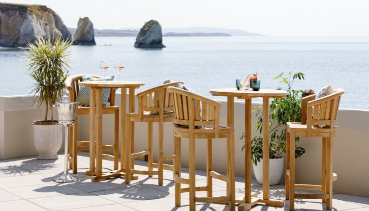 Tables and chairs on terrace with sea views at The Albion Hotel, Freshwater, boutique hotel, luxury, Isle of Wight