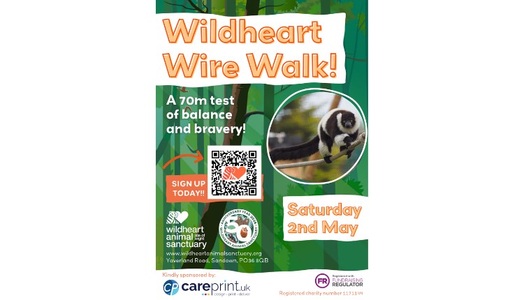 Wildheart Wire Walk poster, Wildheart Animal Sanctuary event, extreme sport, high walk, rescued animals, Isle of Wight