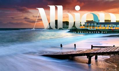 Outside view of The Albion Hotel with the hotel's logo, Freshwater, boutique hotel, luxury, Isle of Wight