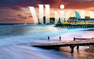 Outside view of The Albion Hotel with the hotel's logo, Freshwater, boutique hotel, luxury, Isle of Wight