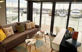 Living area in waterlodge at Yarmouth Harbour, Isle of Wight, self-catering, unique place to stay