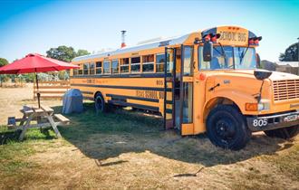 Outside view of the American School Bus, glamping, Ryde, Isle of Wight, unique place to stay
