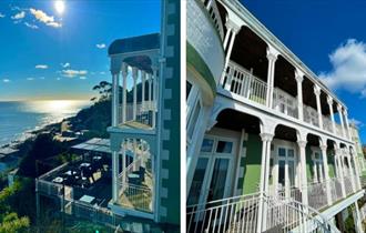 Sea view from the balcony and outside view of  The Wellington Hotel, Ventnor, Isle of Wight