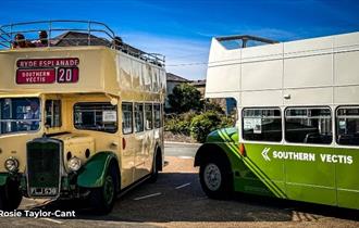 Two buses at the Isle of Wight Bus & Coach Museum, attraction, family friendly, history