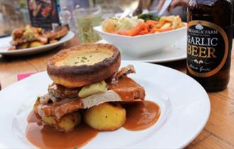 Roast and a bottle of garlic beer at The Garlic Farm Restaurant, food and drink, local produce