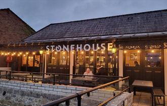 Outside dining area with harbour views at The Tide Mill, restaurant, Wootton, Isle of Wight, family friendly, carvery