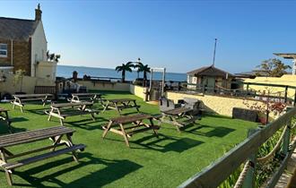 Sea view from outside dining area at Sands Hotel, Sandown, Isle of Wight