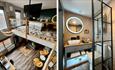 Mezzanine super king room and bathroom at Pinnacle Suites Hotel, Cowes, Isle of Wight, boutique hotel