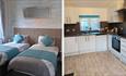 Beds and kitchen at self catering apartment at the Appley Lodge, Shanklin, Isle of Wight