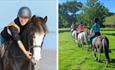 Lady riding a horse on the beach and a group of people riding horses in the countryside, Fairfields Farm Riding School, Ryde, Isle of Wight, children'