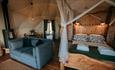 Open plan bed and living area in a Geodesic Dome, Tom's Eco Lodge, Tapnell Farm Holiday Destination, self-catering, West Wight, Isle of Wight