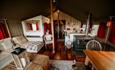 Open plan kitchen and living area in Safari Tent at Tom's Eco Lodge, Tapnell Farm Holiday Destination, self-catering, West Wight, Isle of Wight