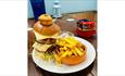 Stacked burger and fries at Bonnygoo Bar & Burger Lounge, Shanklin, Isle of Wight, food, burgers, live music