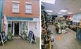 Outside and inside view of Medina Bookshop, Cowes, Isle of Wight, shopping, books, independent