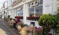 Outside view with table and chairs at Michelangelo restaurant, Ryde, Isle of Wight, Italian, eat & drink