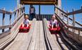 Two children on the sledge slide at Tapnell Farm Park, Isle of Wight, attraction, family fun, activities