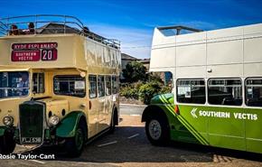 Two buses at the Isle of Wight Bus & Coach Museum, attraction, family friendly, history
