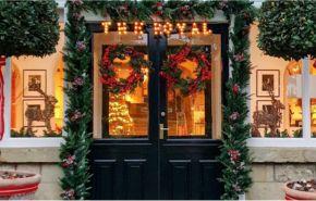 Outside entrance of The Royal Hotel with festive decorations