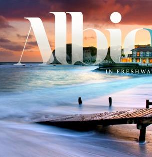 Outside view of The Albion Hotel with the hotel's logo, Freshwater, boutique hotel, luxury, Isle of Wight