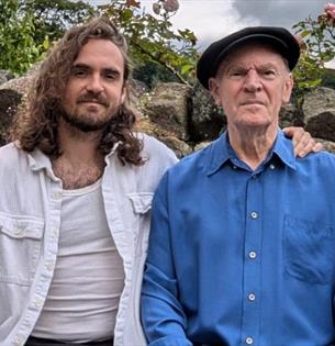 Ashley Hutchings and Blair Dunlop sitting together, music celebration, father and son, event, what's on, music event at Quay Arts, Newport, Isle of Wi