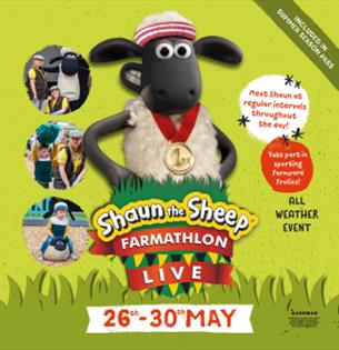 Shaun the Sheep: Farmathlon Live! poster, Tapnell Farm Park, what's on, children activities, family event, May half term