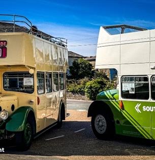 Two buses at the Isle of Wight Bus & Coach Museum, attraction, family friendly, history