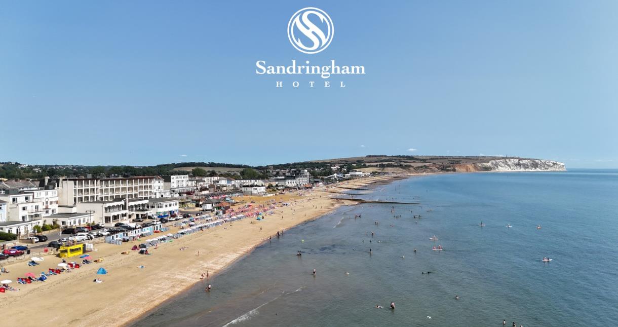 Aerial view of the Sandringham Hotel, beach and sea on the Isle of Wight