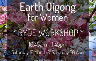 Isle of Wight, Things to do, Earth Qigong, Ryde, Info for workshop with a cherry  blossom in the background.