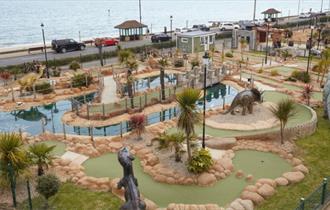 Aerial view of Jurassic Bay 18 hole adventure golf at Pirates Cove, Shanklin, Isle of Wight, activities, family