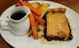 Steak & ale pie with carrots, parsnips, peas and gravy at the Portland Inn, food and drink, Isle of Wight